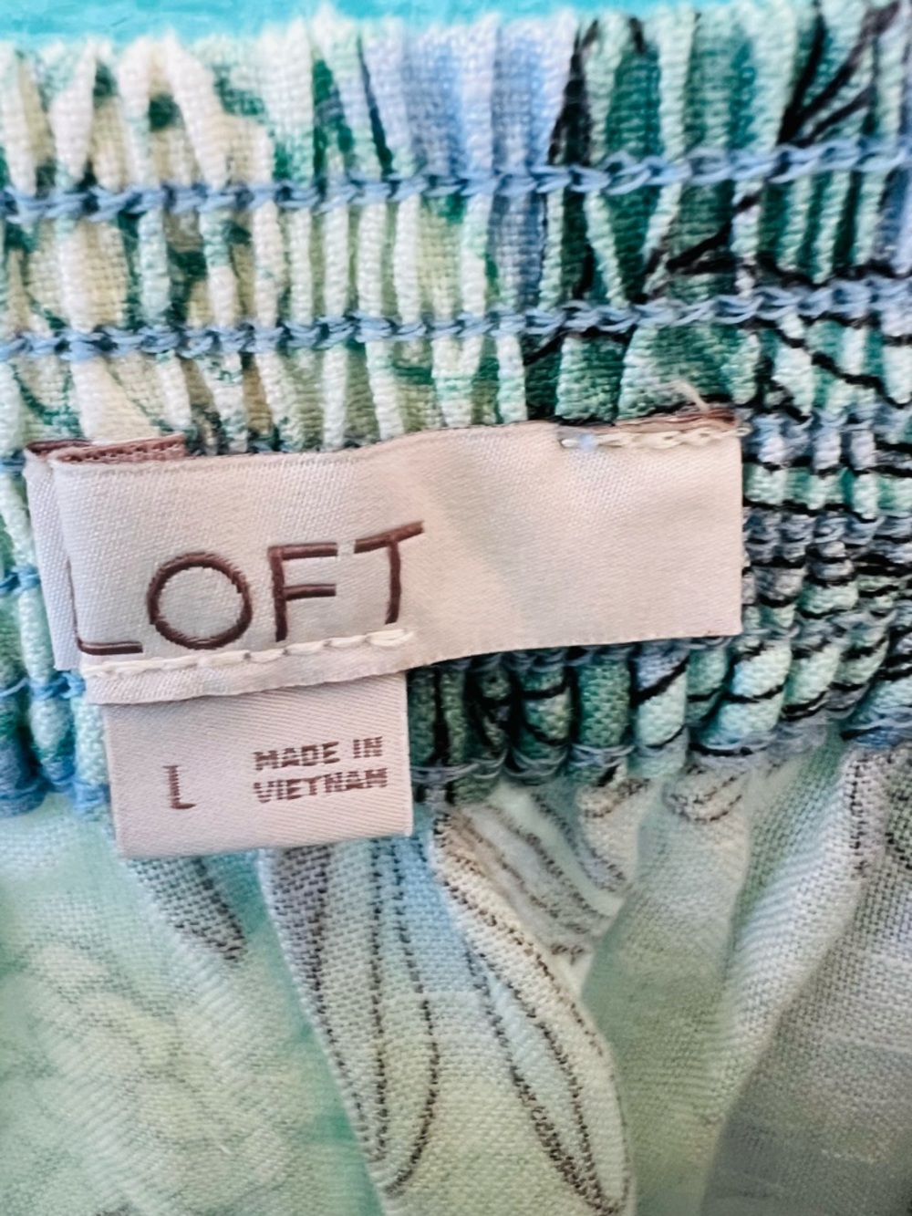 LOFT Linen Blend Floral Skirt Blue Green Pull-On Elastic Waist Size Large - Picture 7 of 8